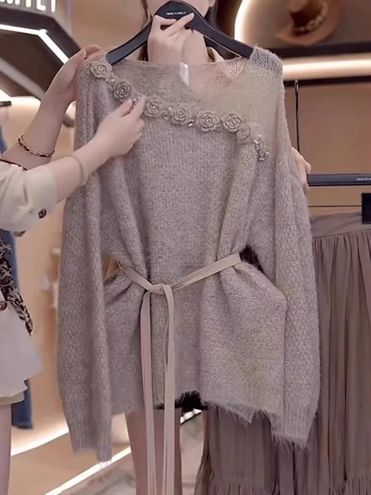 

French Sle Long Sve Knitted Sweater Women's Autumn Design Gentle Beautiful Trendy Unique Anti-Aging Floral Decorated Top