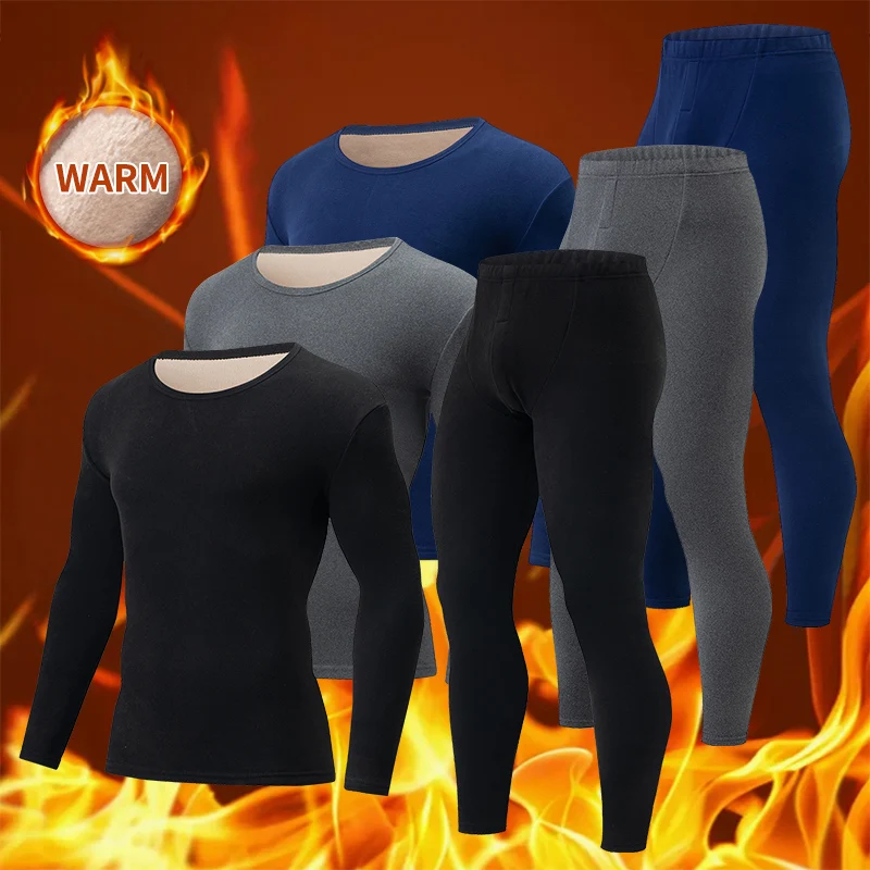

2-piece Autumn/Winter Men's Velvet Black Gray Classic Thermal Underwear Set Thickened Warm Top Pajamas Elastic Waist Home Pants