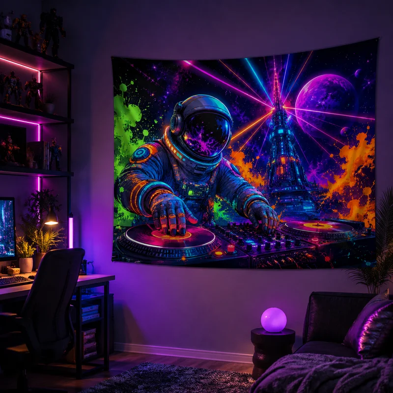VIKAMA Neon DJ Astronaut Tapestry, Psychedelic Space DJ Booth Electronic Music Sci-Fi Wall Hanging, Bedroom Home Decor