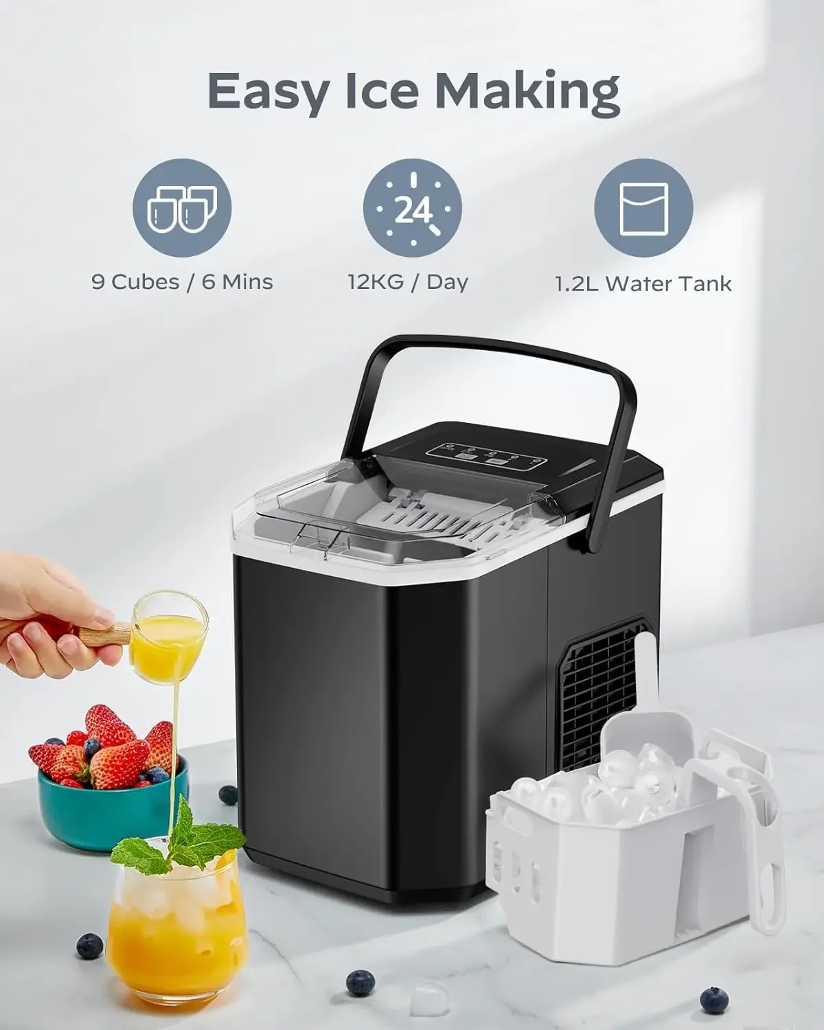 Aço inoxidável auto-limpeza Ice Maker com alça, máquina de gelo bancada, Inclui 9 cubos por ciclo, conveniente