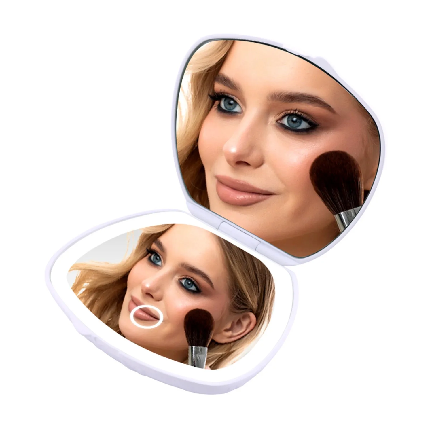 Espelho de maquiagem dobrável dupla face - ampliação 5X, escurecimento por toque, design clamshell e recarregável portátil