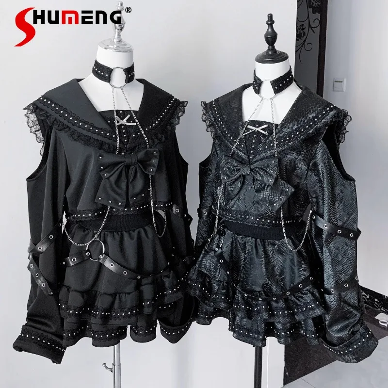 

Japanese Dark Black Gothic Outfit Suit Snake-patterned Stylish PU Leather Navy Collar Studded 2D Hoodie And Short Skirt 2pcs Set