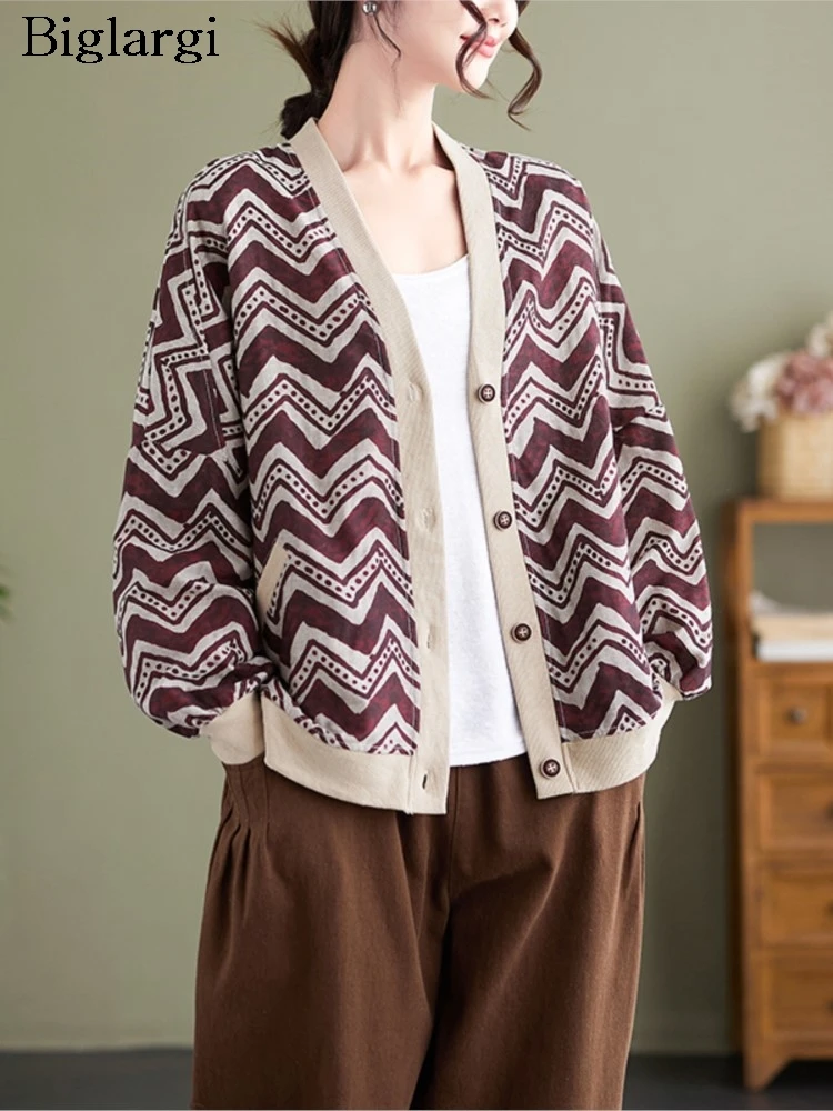 

Осенний кардиган большого размера с длинными рукавами, женское винтажное полосатое пальто с принтом, женские топы, куртка, повседневные свободные женские кардиганы