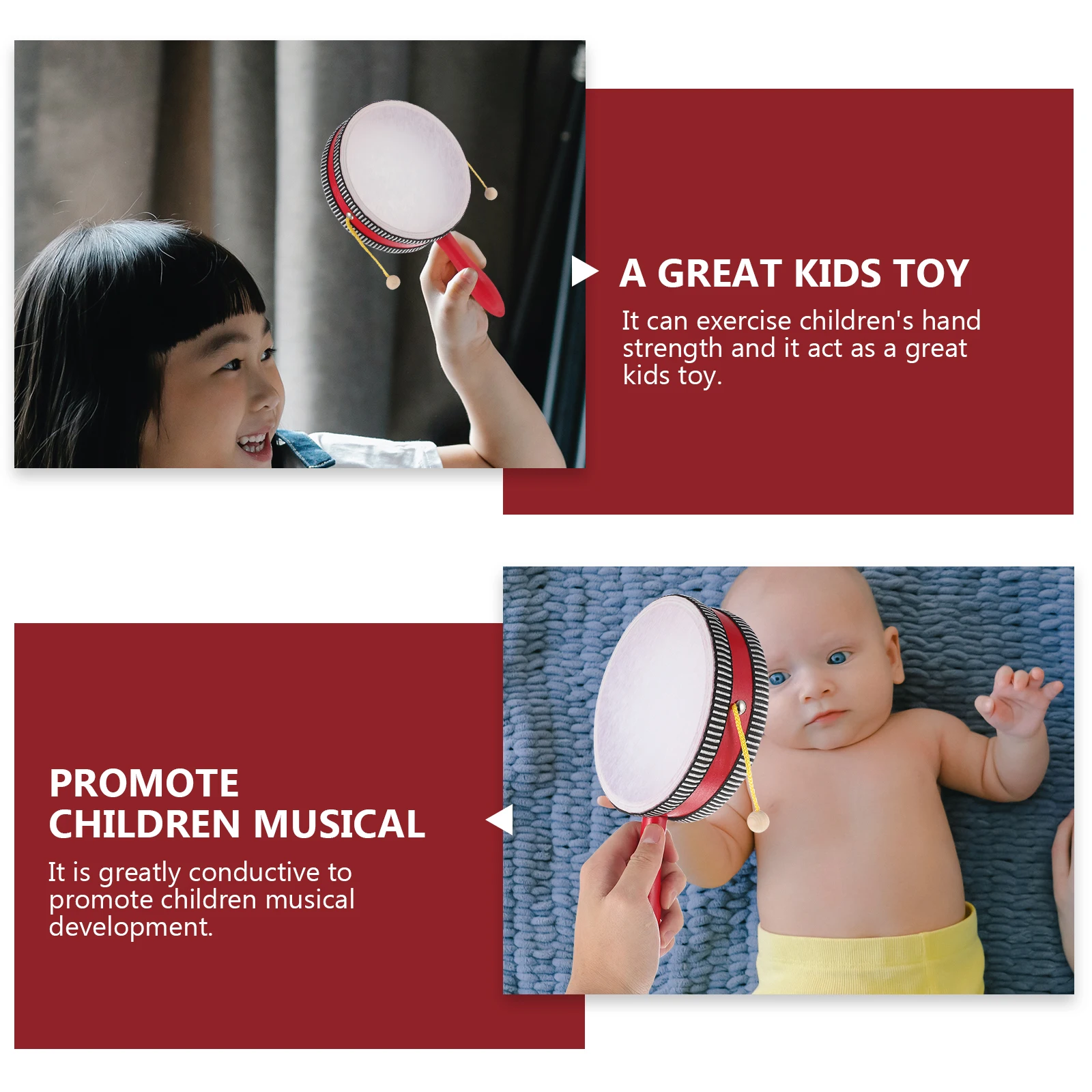 

Kids Bongos Wave Drum Instrument Baby Drums Tambourine Educational Toys Red Wood