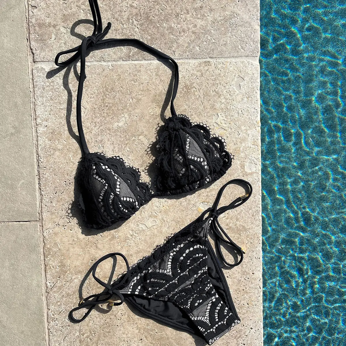 2025 Bathing Suit Women Sexy Solid Shell Bikini Set Drawstring Side Bow Tie Beachwear Summer Halter Lace Up Two-piece Swimwear