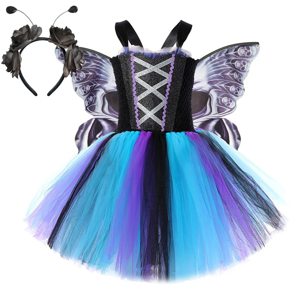 

Black Butterfly Halloween Costumes for Girls Kids Carnival Party Fairy Fancy Dress with Wings Witch Tutu Outfit Children Clothes