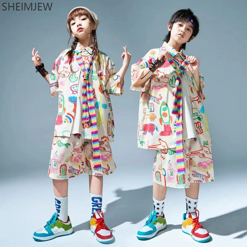 Children's Stage Performance Clothe Street Dance Hip-hop Clothes Cartoon Print Jazz Dance Graffiti Shirt Suit Girl Dopamine Suit