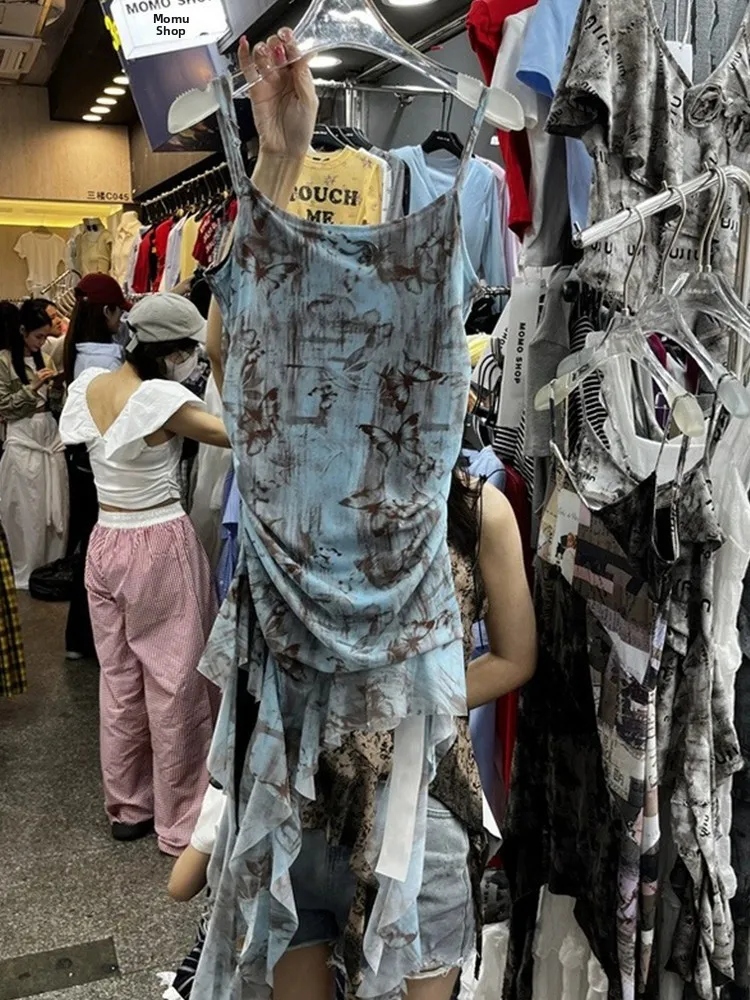 Vestido Assimétrico com Alças para Mulheres, Estilo Verão, Saia Justa em Malha Tingida com Renda, Vestido Curto para o Dia a Dia