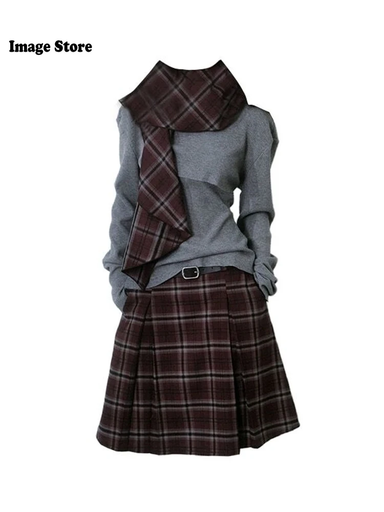 Autumn Winter Women French 2000s Aesthetic Preppy Outfits 3 Piece Set Vintage Turtleneck Knit Tops + Midi Plaid Skirts + Scarf