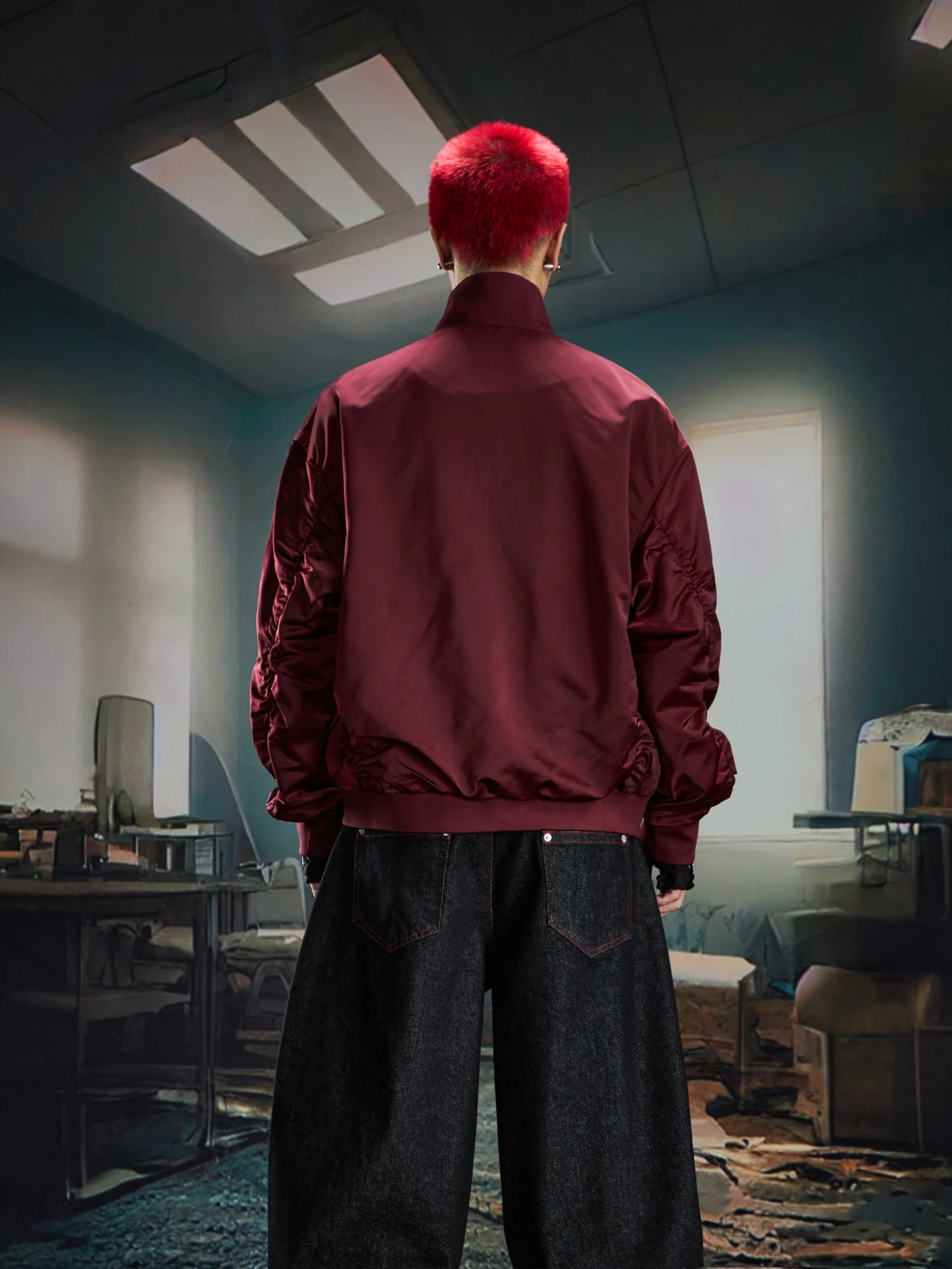 Personalized Light Sense Short Stand Collar Zipper Jacket Coat Top Pleating Sleeve Men and Women