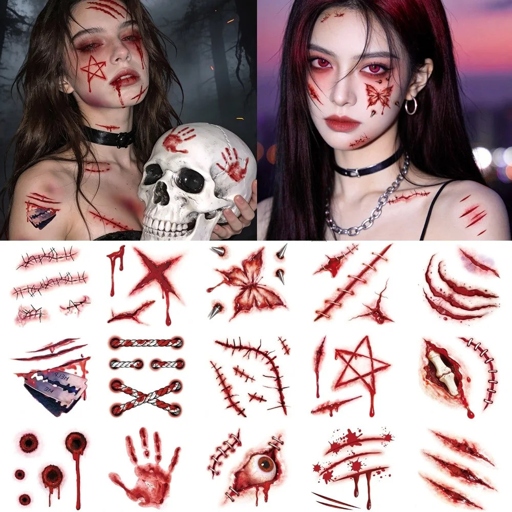 15 Blatt 3D Realistische Narben-Tattoos Wasserfeste Fake-Blutwunden-Aufkleber für Halloween Cosplay Körper-Make-up Erwachsene ​ ​ Gesichtstattoo – Detail 5