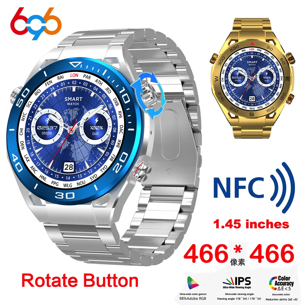 

Men 1.45" Business Blue Tooth Call NFC Sports Smart Watch Heart Rate Wireless Charge Smartwatch Waterproof Health monitoring