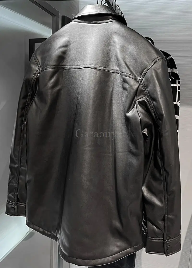 Garaouy 2023 Autumn Winter Men Fashion Black Loose Faux Leather Parka Jacket Coat Male Add Cotton Shirt Pocket Top PU Outerwear