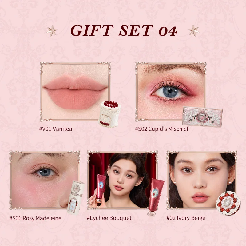 Flower Knows Strawberry Cupid Collection Makeup Gift Set Includes Cake Lip Cream+Liquid Blush+Make-up Palette+Scented Hand Cream