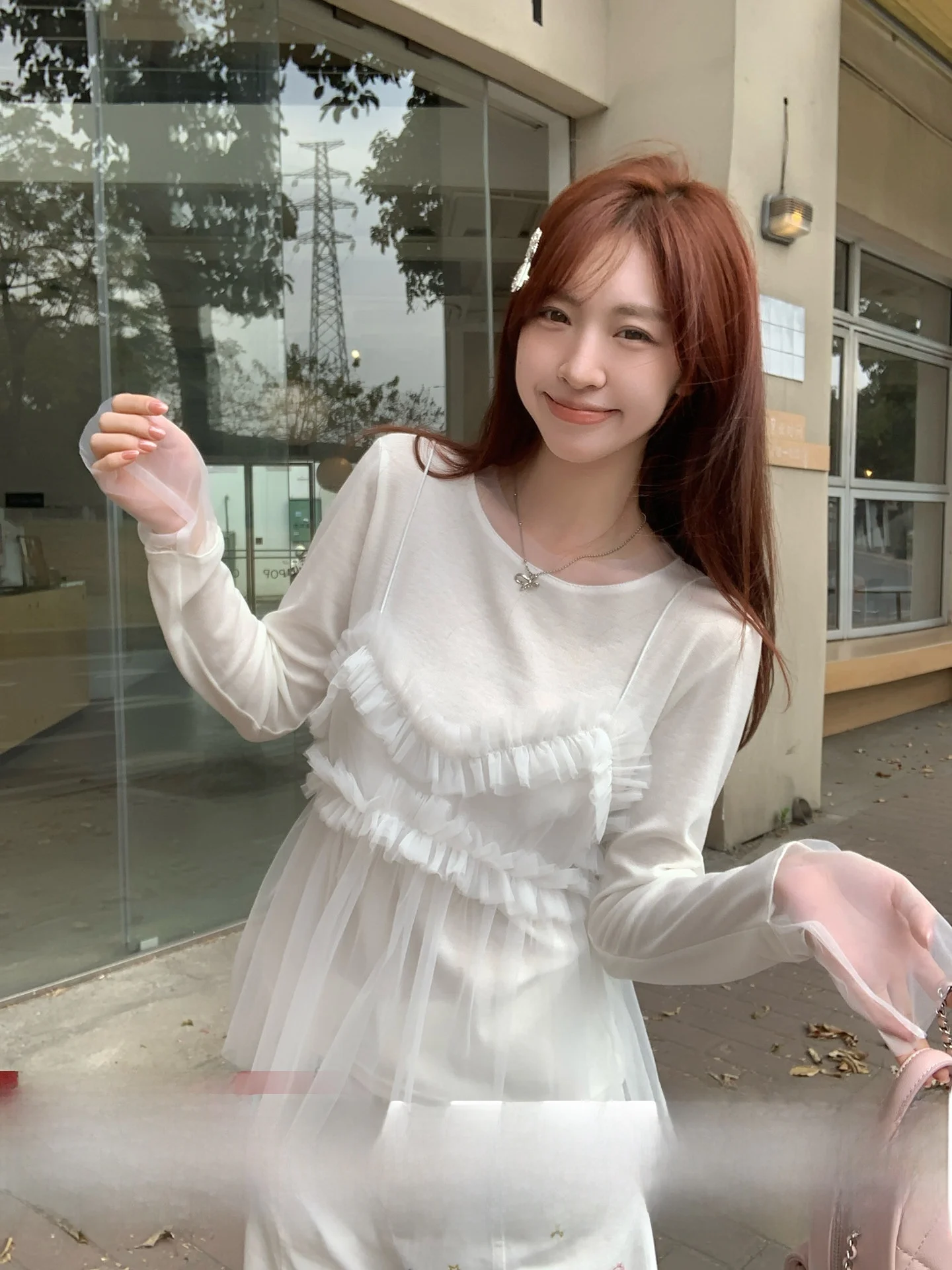 

Morning Bloom Long Sve T-irt Strap Two-Piece Set Korean Sle Spring Youth Casual Low Waist Lace Soft Comfortable