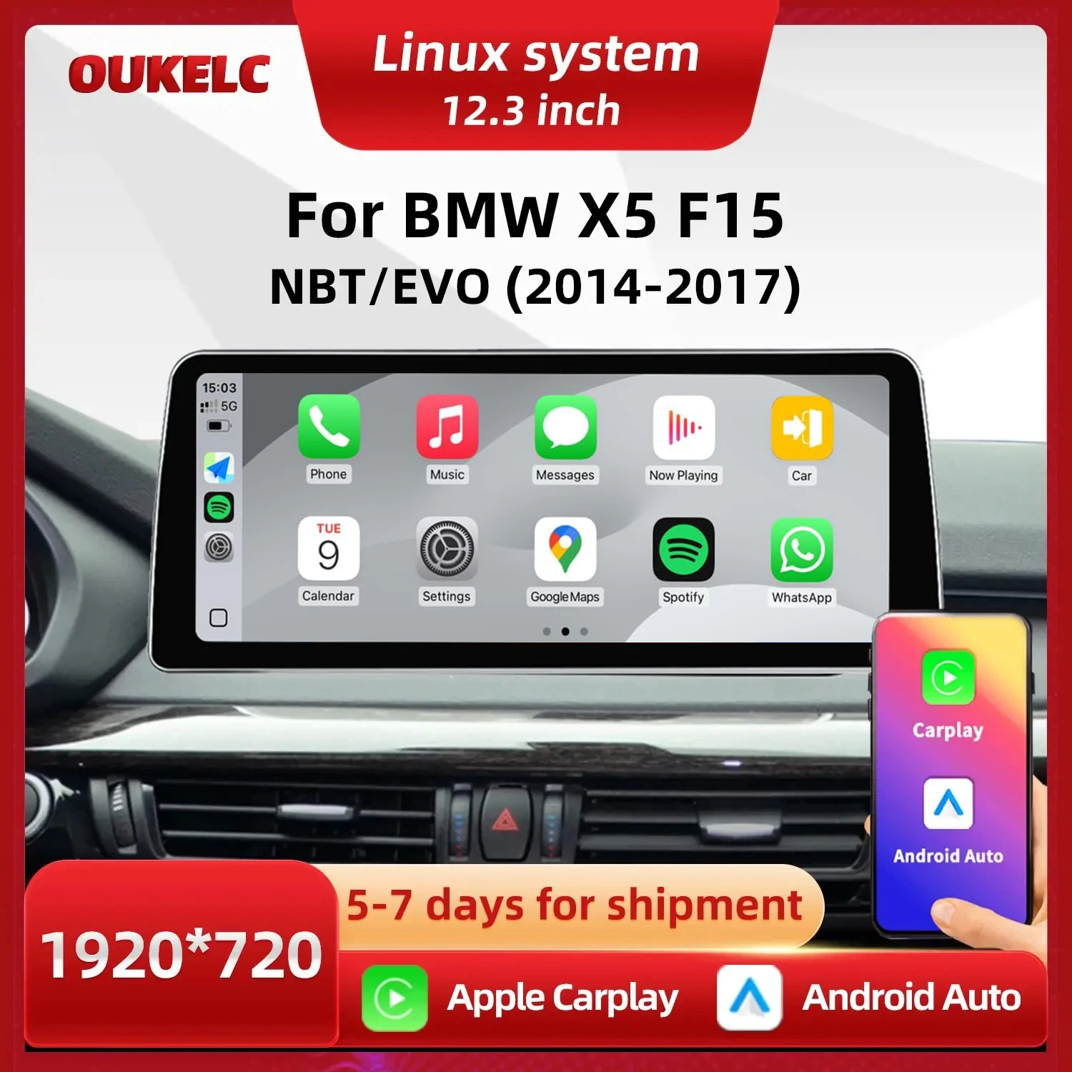 

12.3'' Carplay For BMW X5 F15 2014-2017 NBT BT Touch Screen Linux Display Monitor Android Auto Multimedia Video Player Car Play