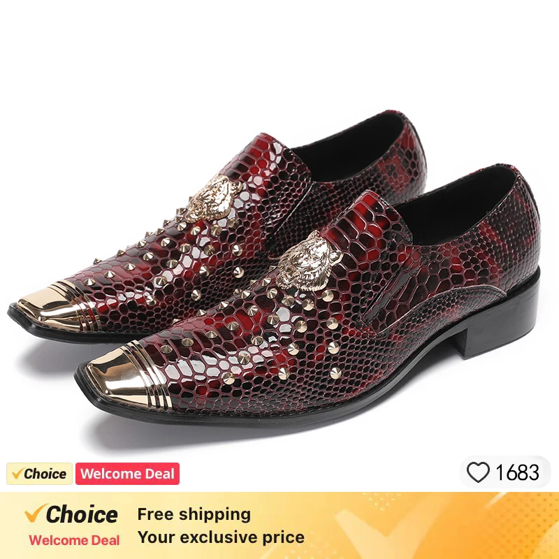 

Italian classic men's leather shoes with red snake pattern rivets for formal wear, men's wedding parties, business men's shoes