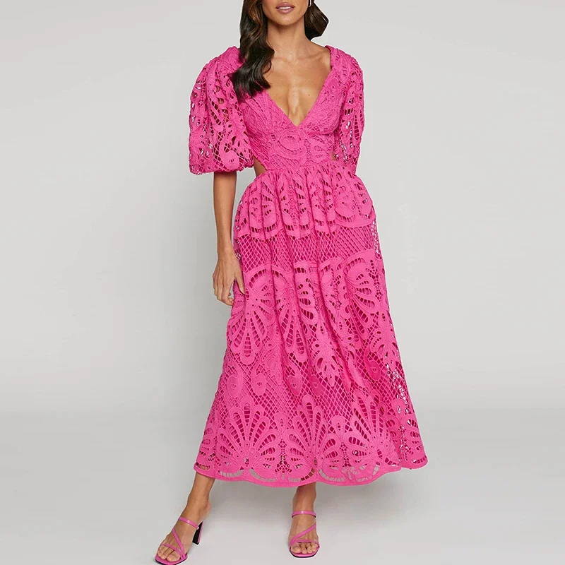Women Sexy Pleated A-Line Dress Embroidery Retro Puff Short Sleeve Party Dress Temperament V Neck Waist Hollow Lace Long Dress
