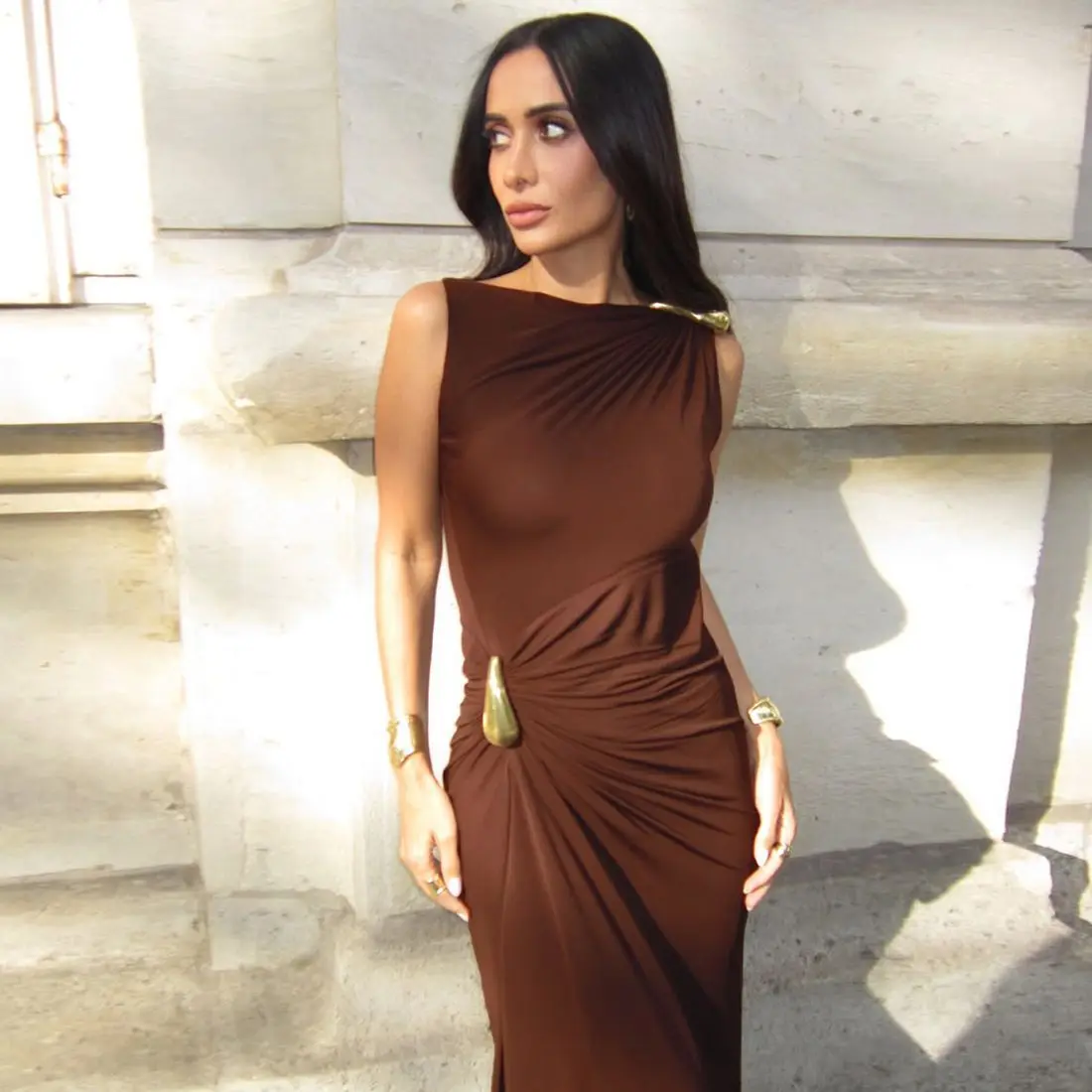 

European And American Elegant Style Dress For Women In Summer With Irregular Design, Metal Button Wrapped Hip Dress