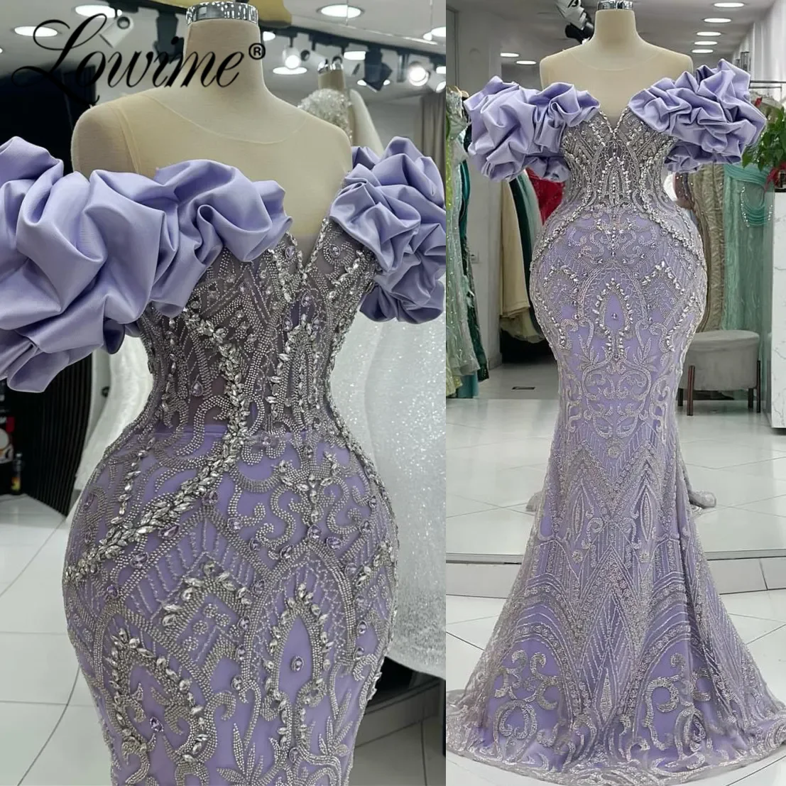 

Вечернее платье с открытыми плечами цвета сирени, индивидуальный пошив, арабский стиль, с кристаллами и оборками, для гостей на свадьбу, выпускной, помолвки, фасон «русалка»