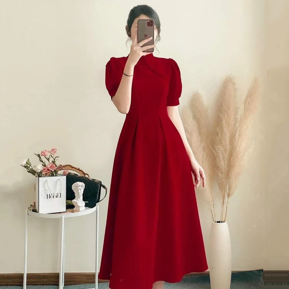 Customized Yipeisha Simple High Neck Jersey Red Evening Dresses Fake Buttons Ornament A-line Pleat Tea-Length Formal Gala Elegan