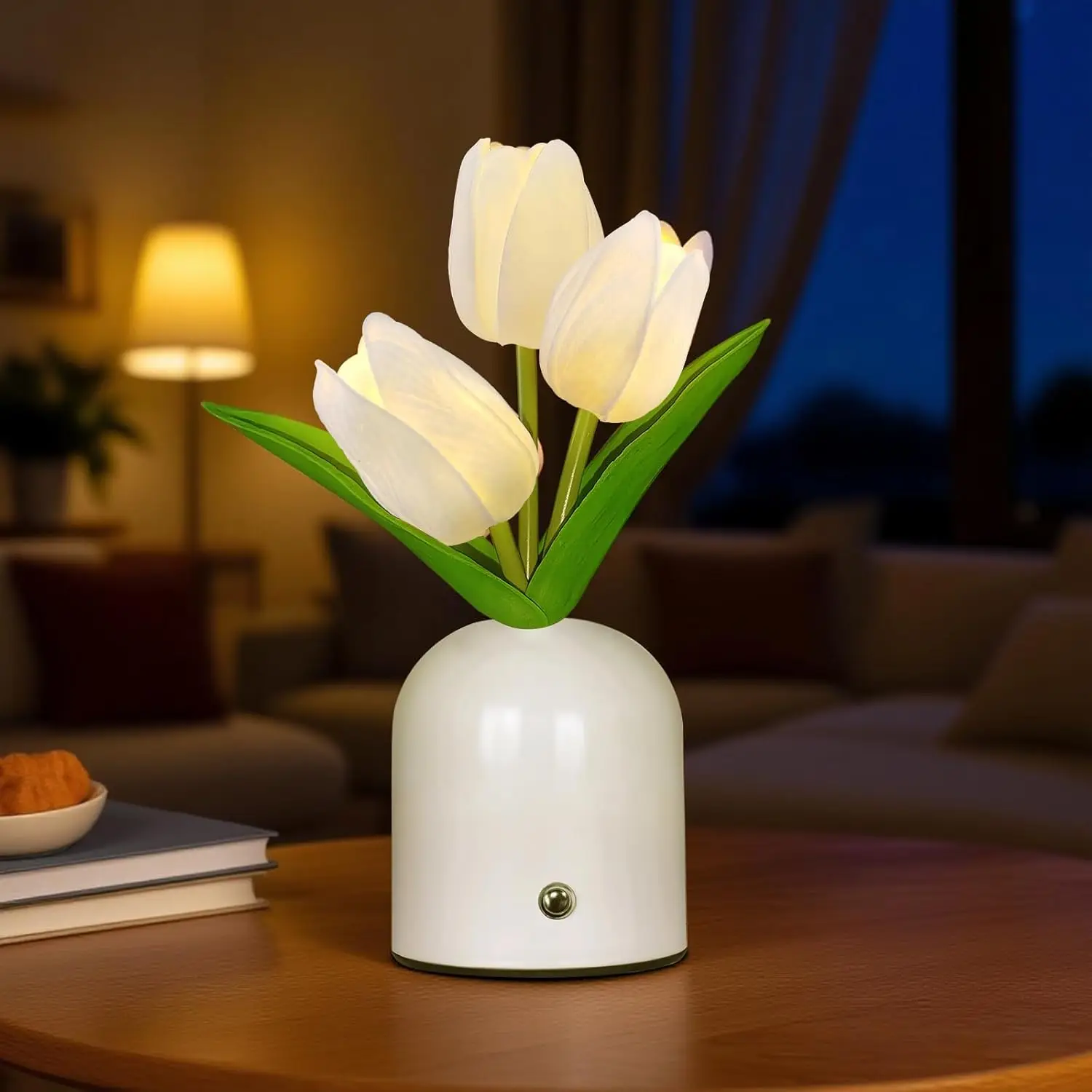 

3-Color Crystal Flower Table Lamp, Dimmable Touch Nightstand Light with USB Charging for Bedroom (White)