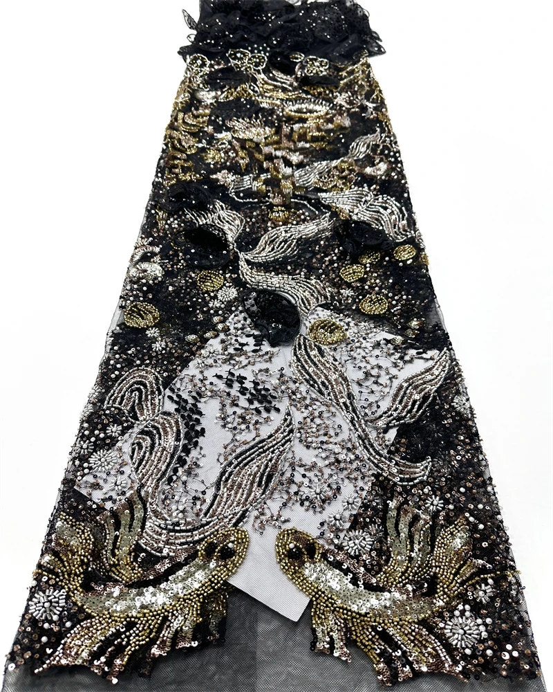 New Light Luxury Africa Design Handmade Sequins Beads 3d flower Net Lace Top Quality Fabric For Women Party Evening