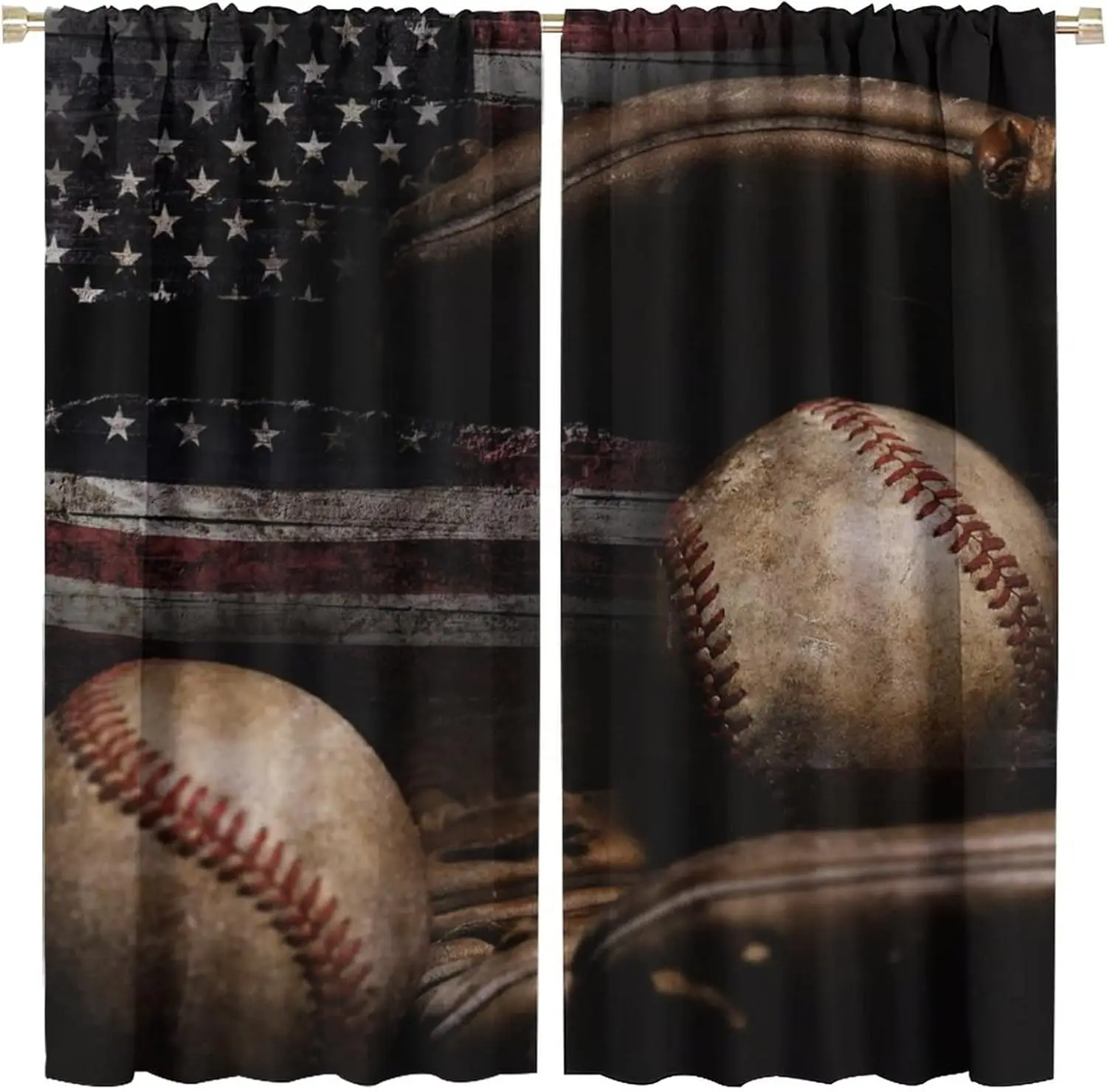 Cool Sports Blackout Curtains - Shabby Baseball on Vintage Wooden Boards American Flag Rod Pocket Window Drapes Set 2 Panels