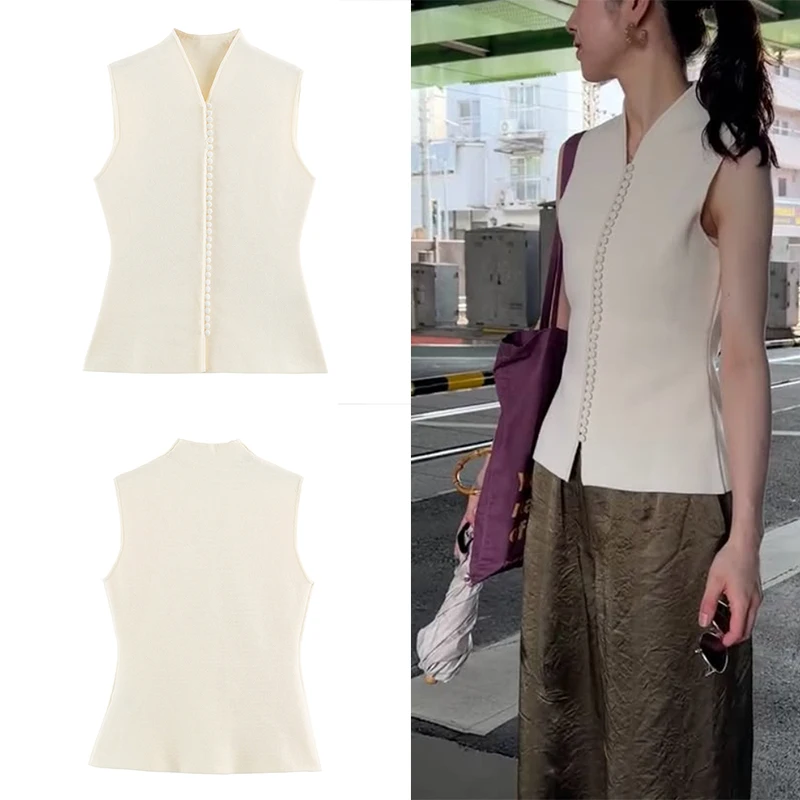 Guobioziy Neon Knit Sleeveless Vest V-Neck Decorative Button Front-Opening Slim Fit Waistcoat Elegant Office Casual Layering Top