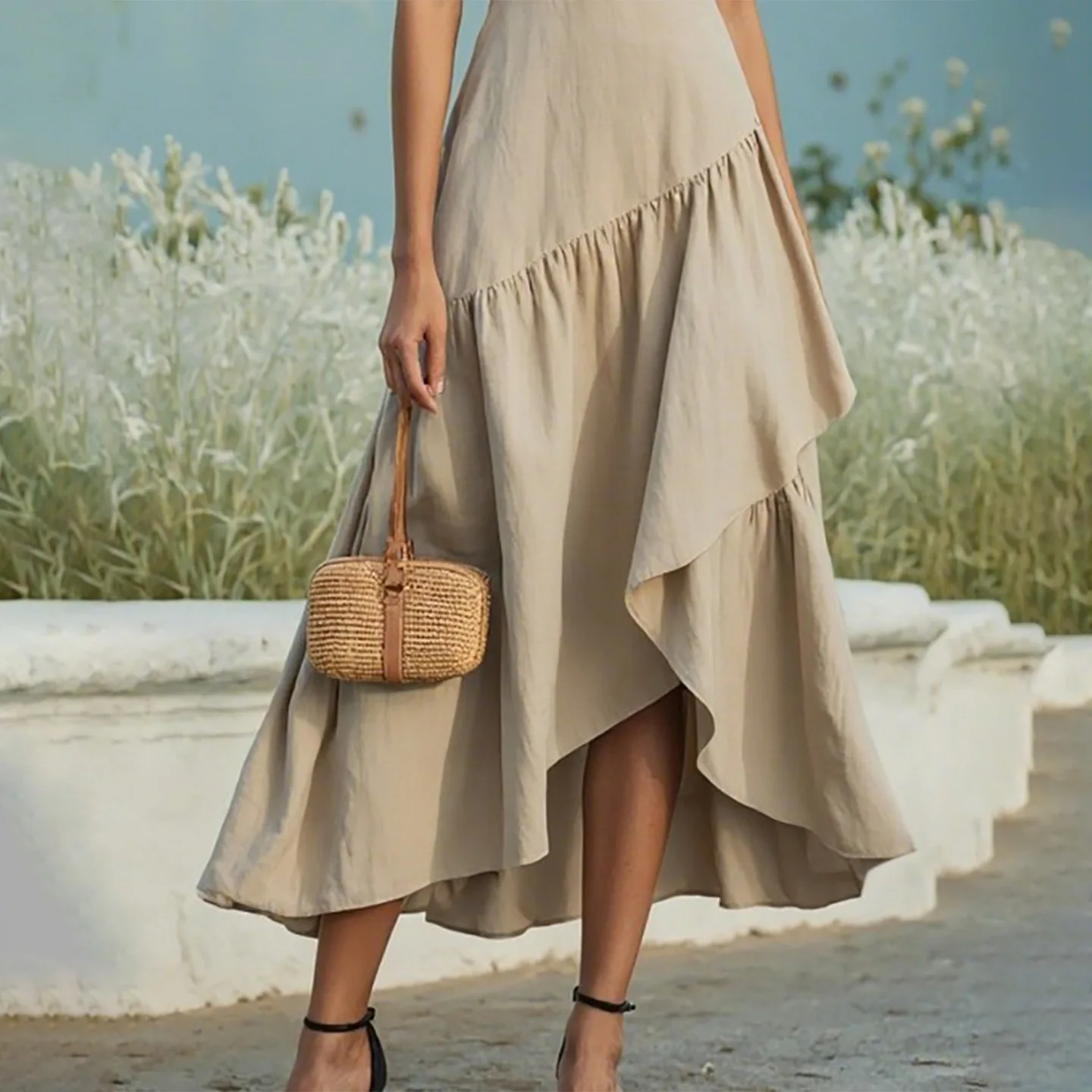 2025 nova moda plissado sem cintura vestido sem mangas para mulheres verão casual cor sólida vestidos irregulares para mulher