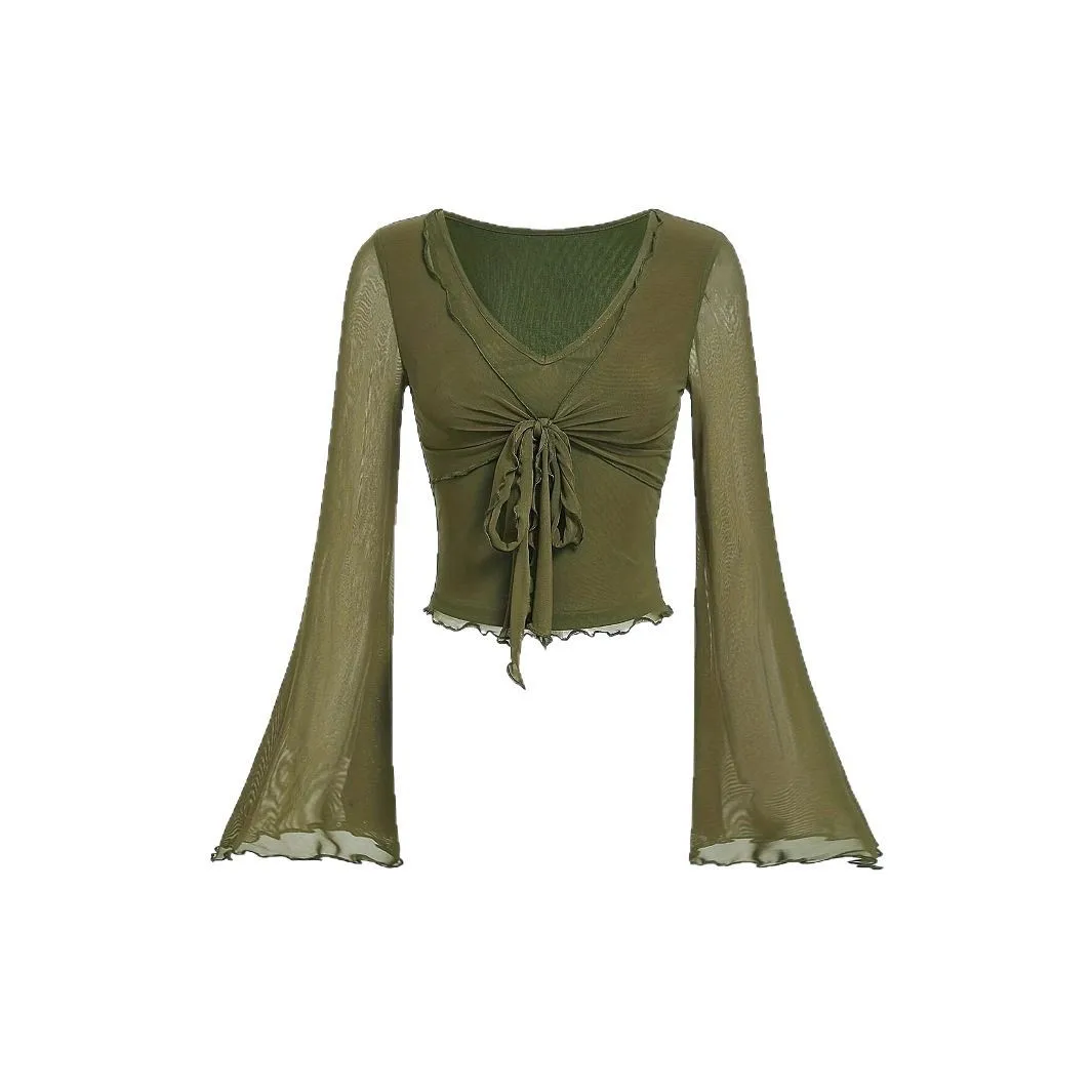 Y2K Women Sheer Mesh Crop Top V Neck Tie‑Front Bell Long Sleeve Blouse Ruffle Trim Cropped Shirt Vintage Streetwear Party Tops