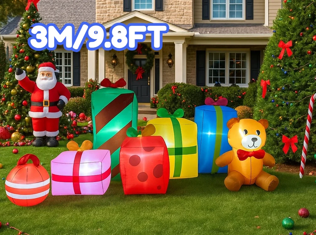 9.8FT عيد الميلاد في الهواء الطلق لعبة حفلة زينة عيد الميلاد نفخ سانتا كلوز علب الهدايا اللعب ساحة المنزل الحلي LED ديكور