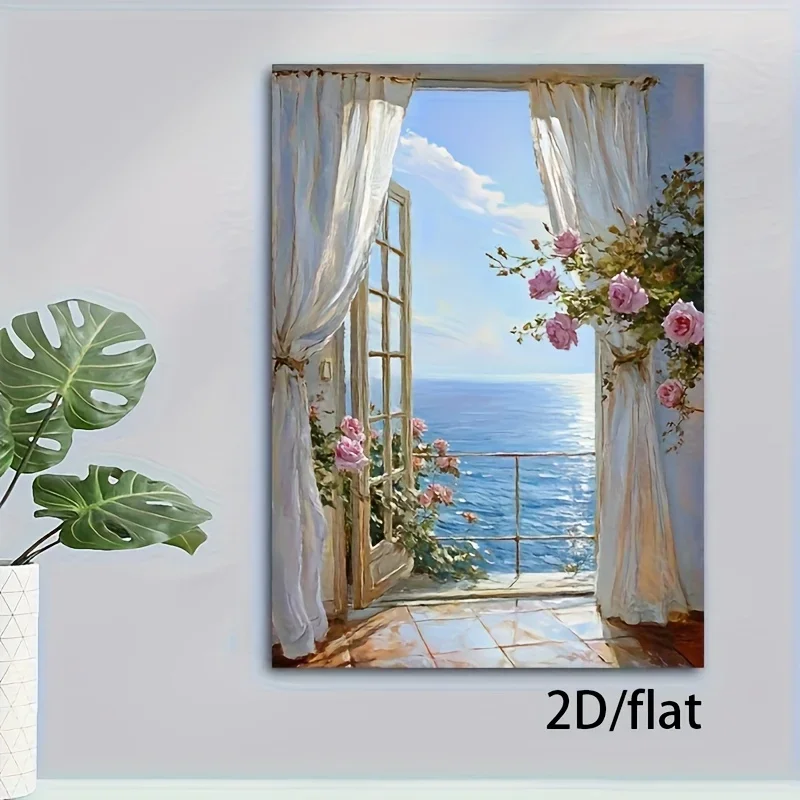 2D Flat, 2D Flat, Comfortable Seascape Landscape Print - Romantic Coastal View with Pink Roses And Tranquil Blue Waters, Wood