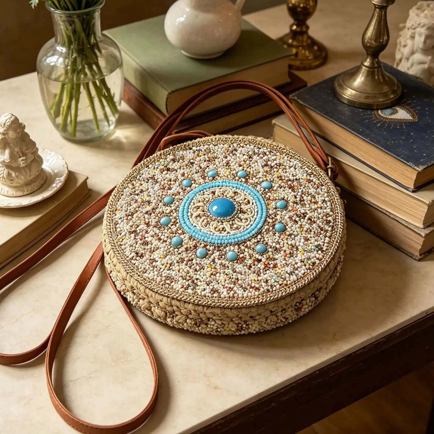 Hand-woven totem grass-woven bag Retro peacock blue round heart cross-body bag Hand-made limited edition