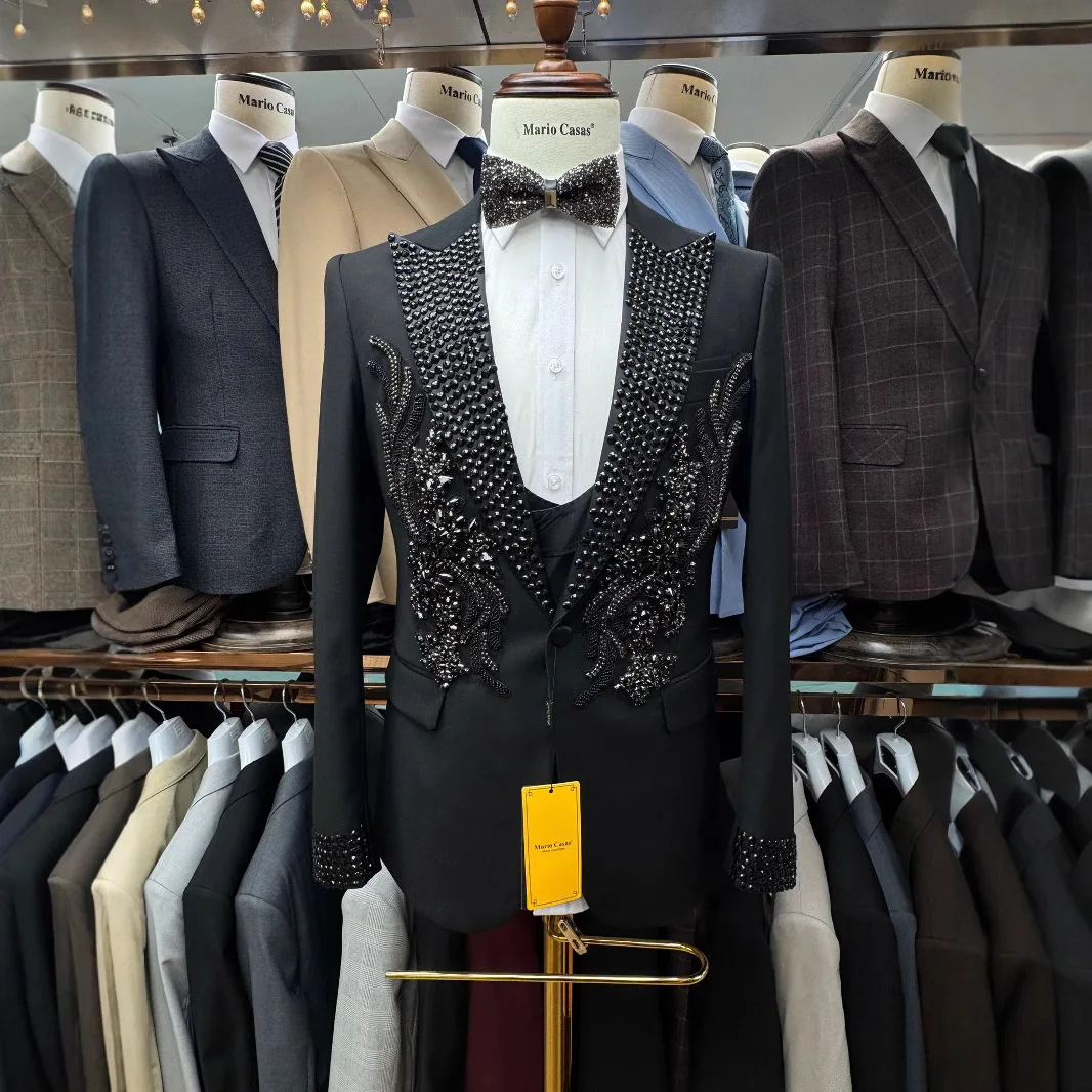 

Роскошный комплект костюма из бисера для мужчин, комплект из 3 предметов для свадьбы, жениха, шафера, пиджак, жилет и брюк, XS-3XL, мужские официальные костюмы из трех предметов