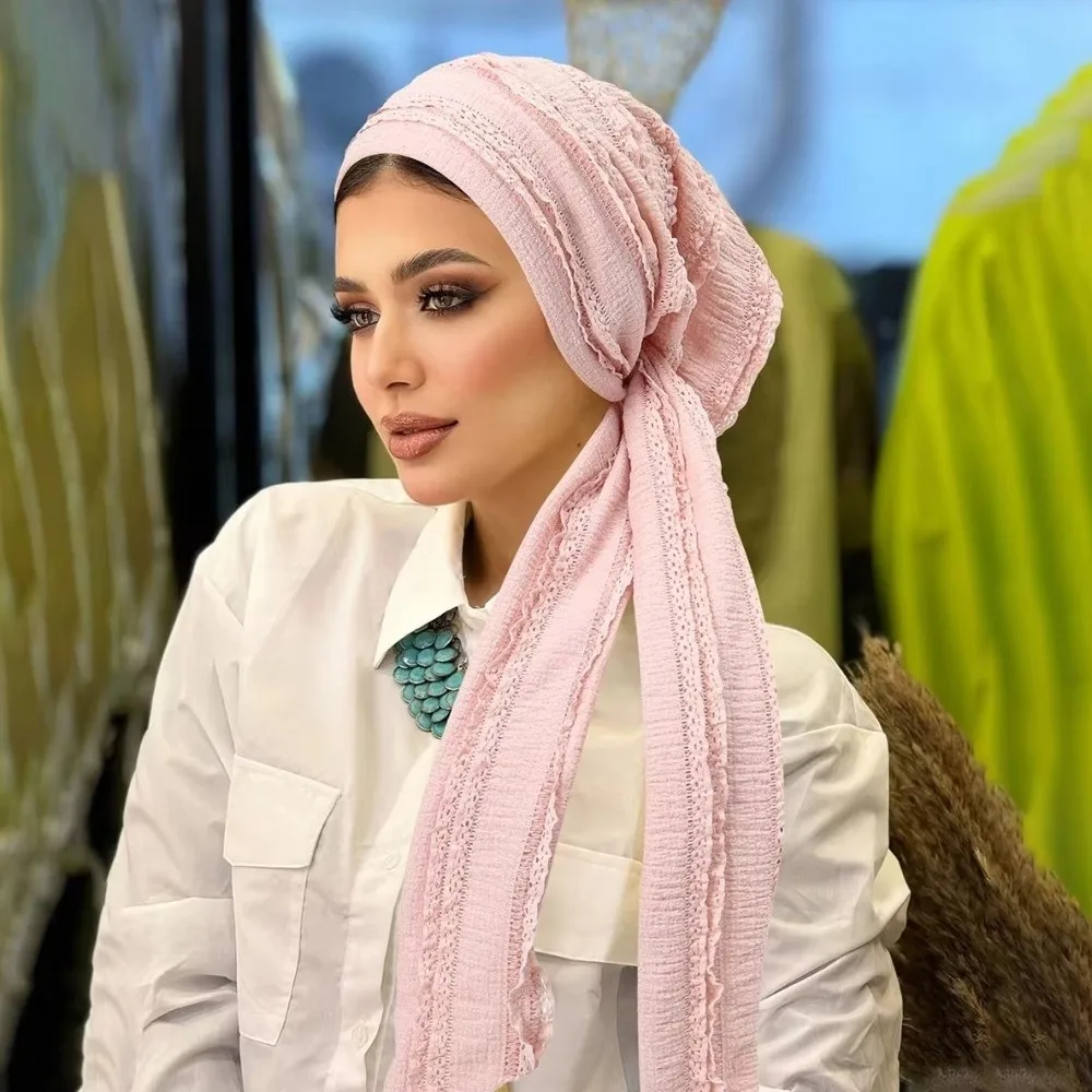 Adjustable Women Turban Hats Soft Stretch Polyester Solid Color Crinkle Hijabs Long Tail Tie Pleated Wrinkle Headscarf