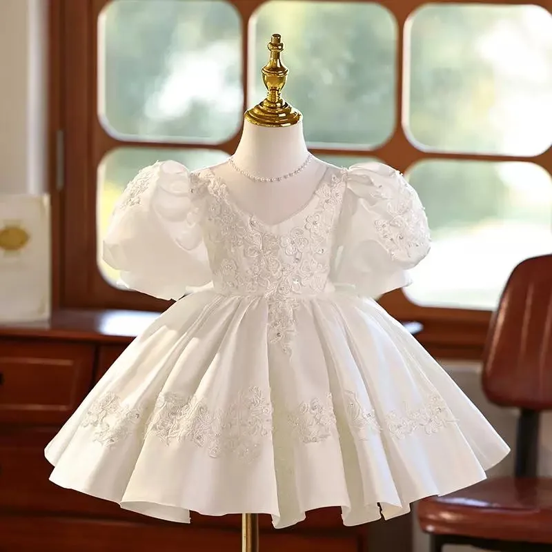 

Dreamy Vow Elegant White Girl Dress Short Sleeve Satin Lace Embellished Pearl Necklace Spring Summer Knee Length Ball Gown J423