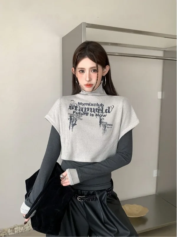 

Spicy Girl Layered Design Set Women's Spring 2026 New Letter Print High Collar Vest Color Block Long Sleeve T-Shirt