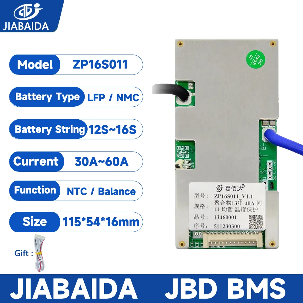 

JBD BMS 12S 16S 48V LiFePo4 13S 14S литий-ионный аккумулятор 30A 40A 50A 60A JIABAIDA BMS с балансом NTC ZP16S011