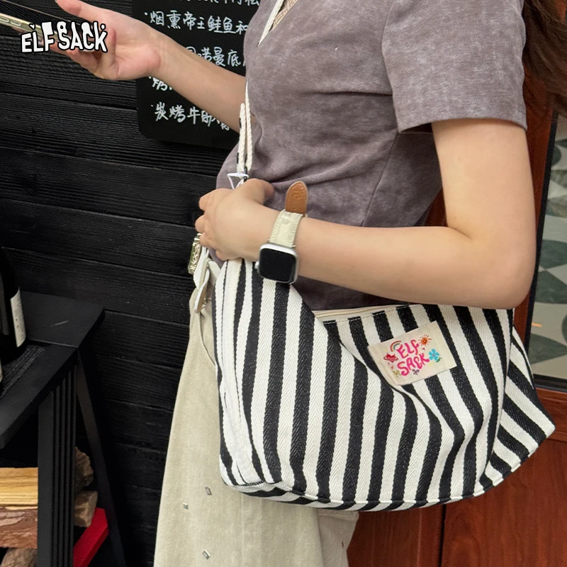 

ELFSACK 2025 Summer New Arrival Y2K Stripes Color Block Large Capacity Minimalist Commuter Shoulder Tote for woman