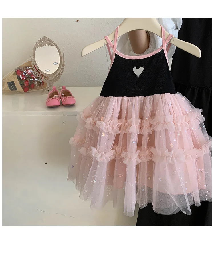 Girls Casual Dresses Love Hollow Halter Patchwork Gauze Skirt Party Dress for Kids Girl 2 To 6 Years Princess Dress for Girls