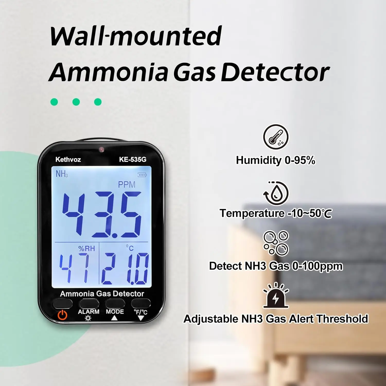 Ammonia Detector Monitor NH3 Air, Ammonia Tester Gas 0~100 PPM with Alarm Buzzer, Wall-Mounted Type,Humy&Temp Sensor Big Display