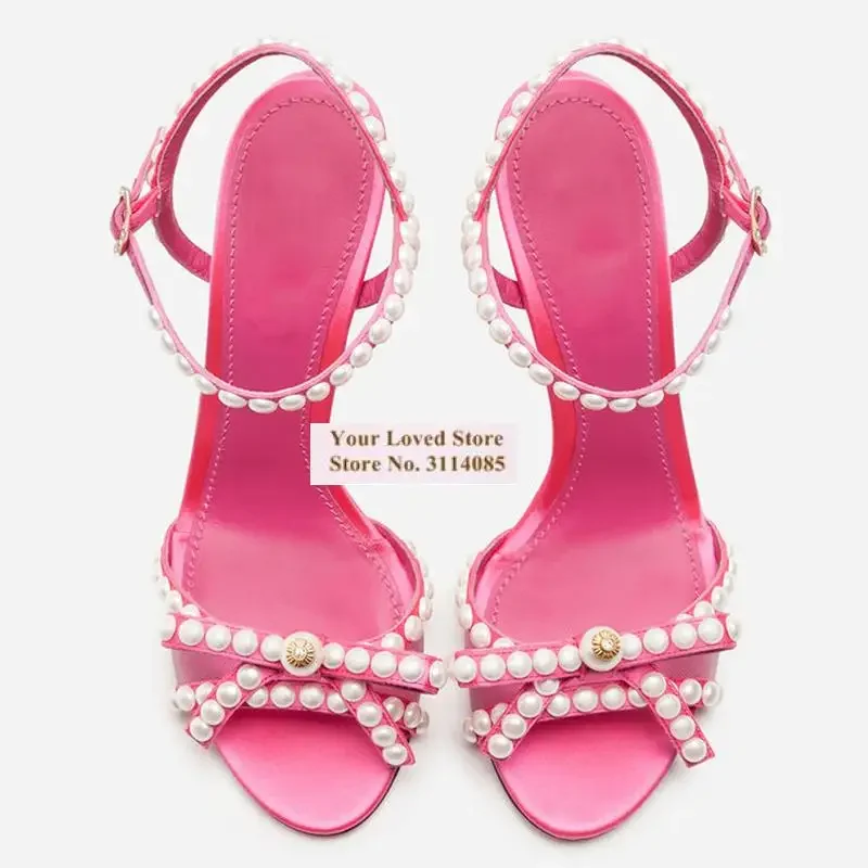 

Pink Air Mesh White Pearls High Heel Sandals Glossy Jewelry Beaded Butterfly-Knot Wedding Dress Shoes Buckle Strap Pumps