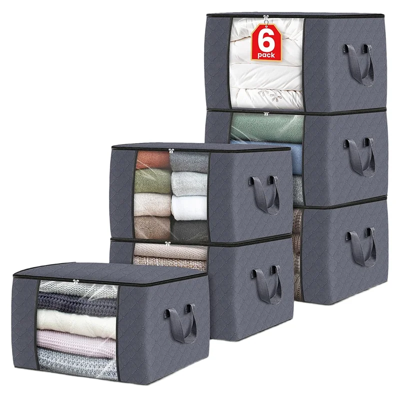 

A25F-Clothes Storage Bag, Foldable Thick Fabric 6-Pack For Bedroom, Closet, Comforter, For Organizing Wardrobe