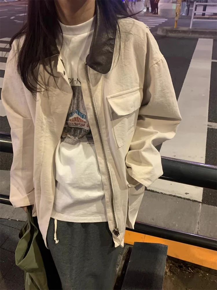 Retro Chic Cuoio DELL'UNITÀ di elaborazione di Lavoro Jaet delle Donne Allentato Vestibilità Con Colletto Multi-ket Tuta Sportiva Autunno Nuovo Sle Colore Blo Cappotto Delle Signore