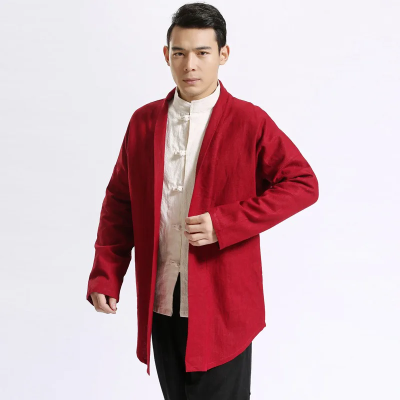 

Spring New Ethnic Style Ramie Buckle-Free Men's Coat Solid Color Cotton Linen Coat