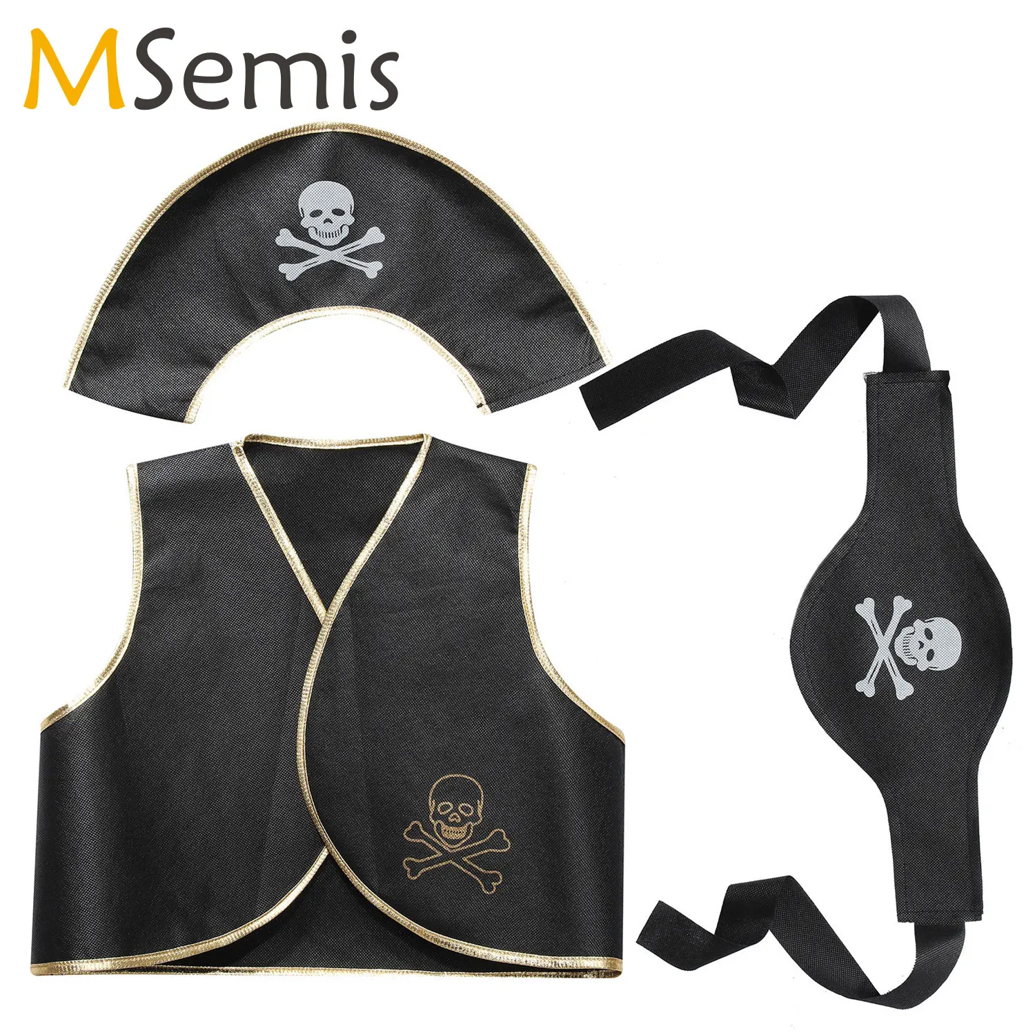 Kids Halloween Masquerade Captain Cosplay Costume Props Skull Print Eyeshade Vest Hat Belt Earring Set for Pirate Theme Birthday