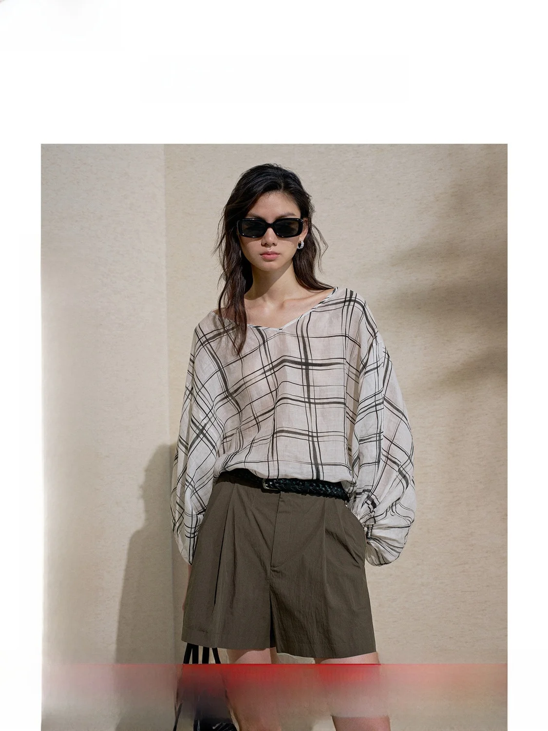 

ZhiZhi Batwing Sleeve Linen Shirt Holiday Print Gingham Casual Loose Fit Women's Summer New Style Double Sided Wear Shirt
