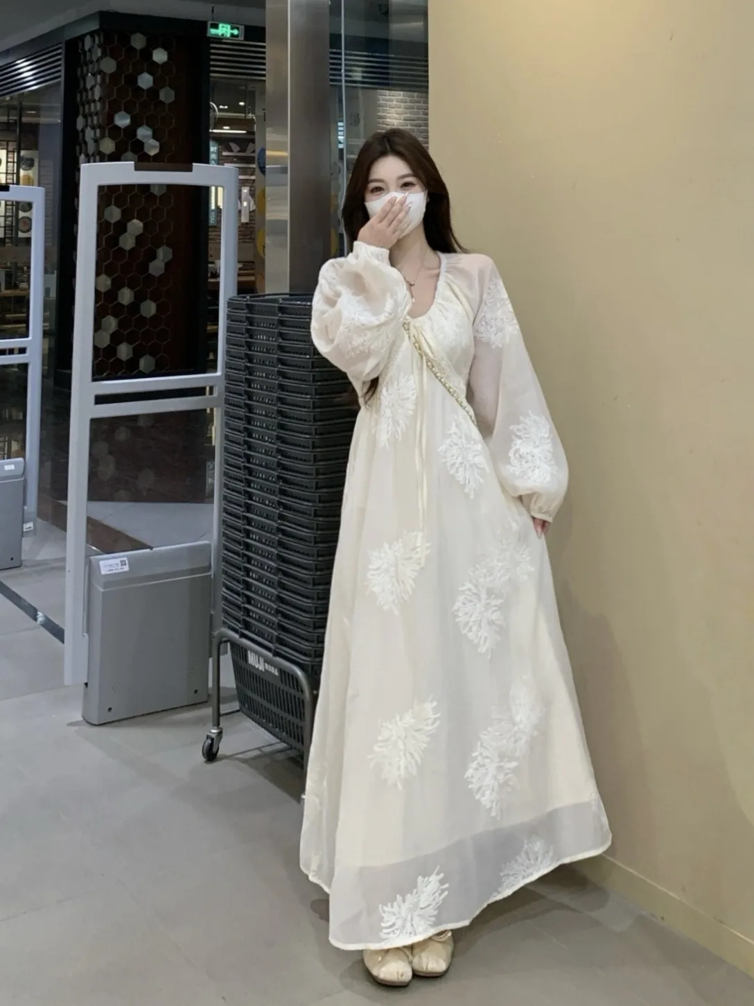 

plus Size Women's Gentle Sle Long Sve Dr V-Ne A-Line Long Dr Waist-Cinching Autumn New Faion Belly Concealing