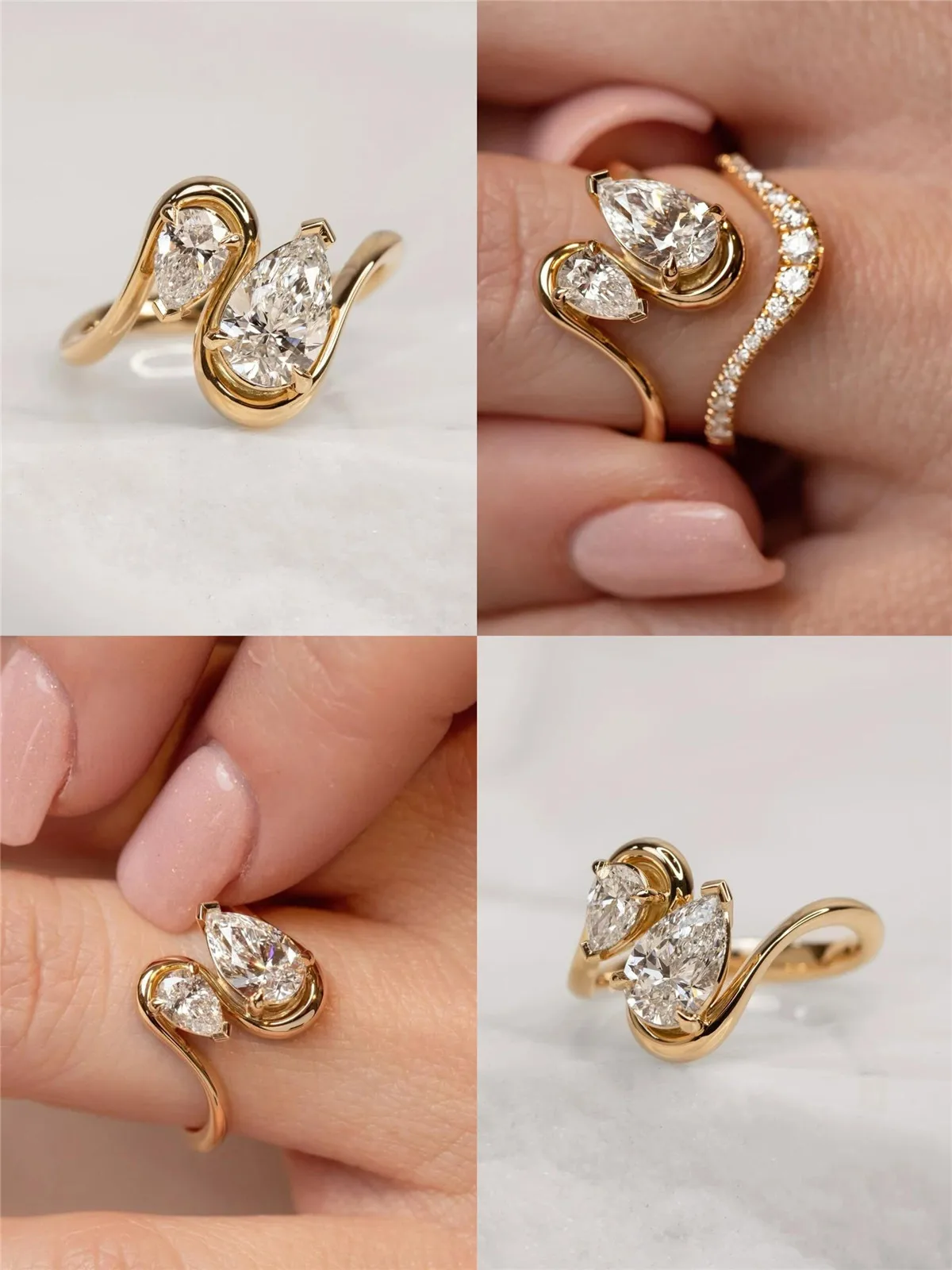 14K Solid Gold S-Shaped Double Stone Diamond Ring, Lab-Grown Diamond IGI 1CT Pear-Shaped Double Diamond Engagement Ring Custom